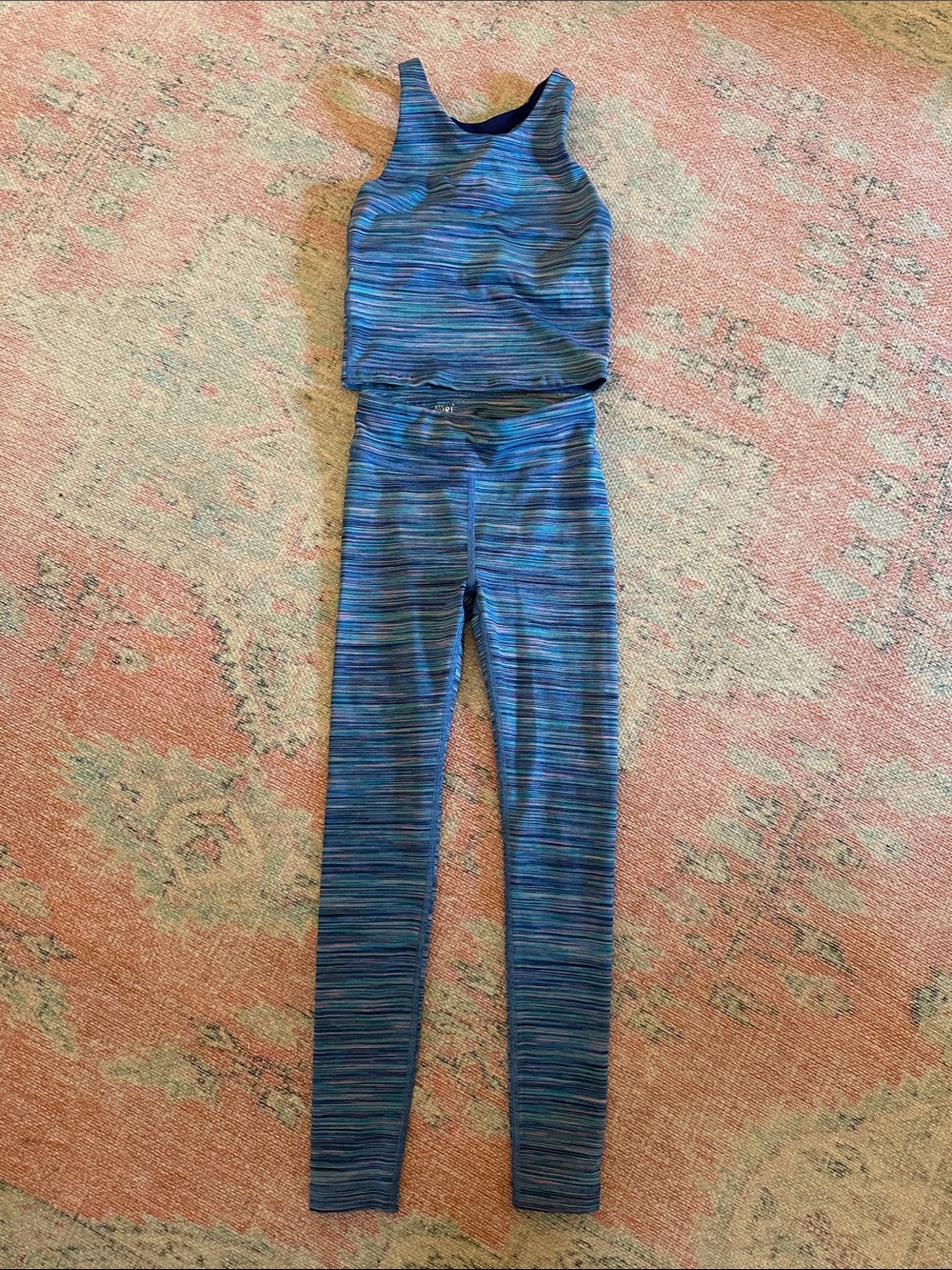 Athleta Girl Blue-Green Multistripe High-Rise Leggings and Top Set